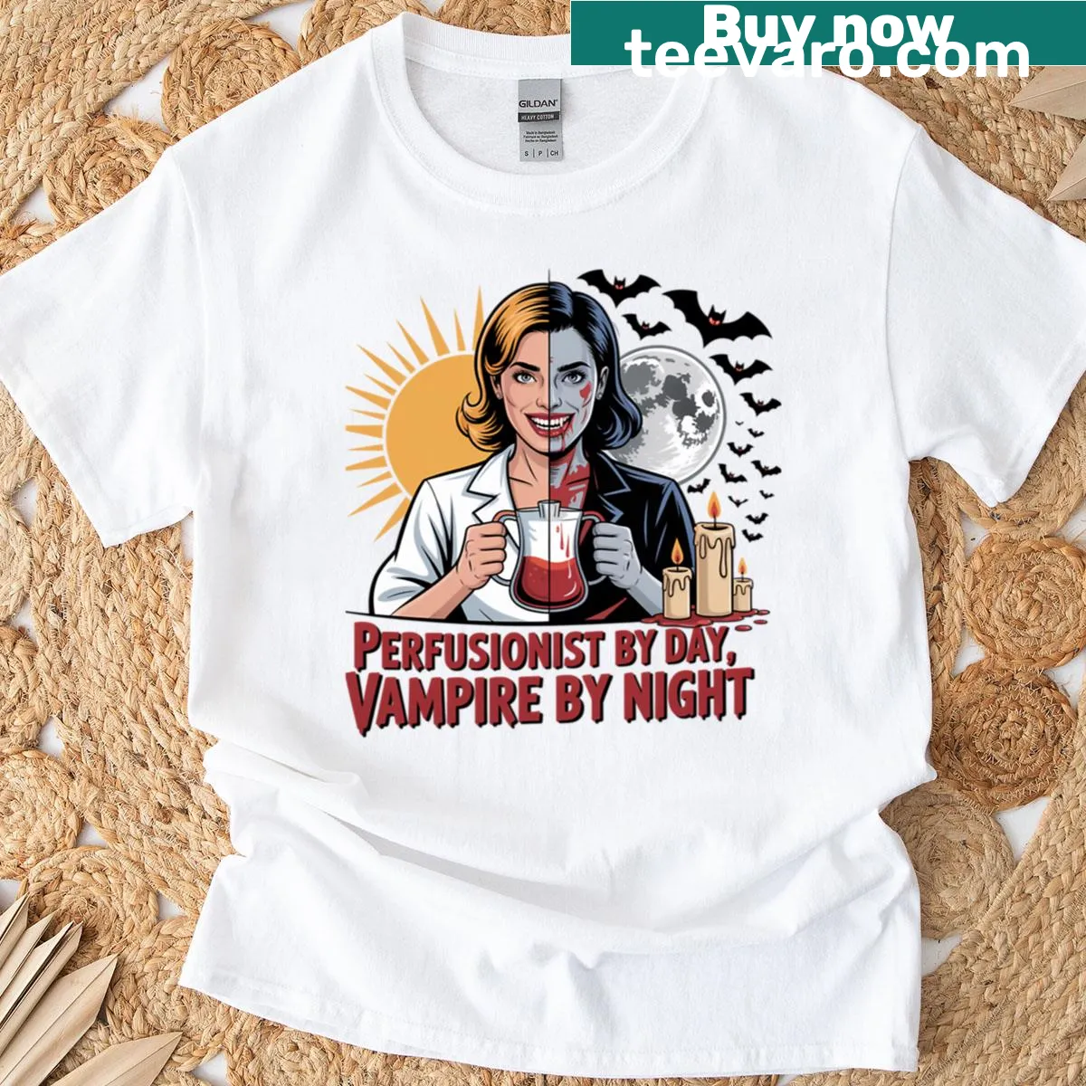 Cartoon vampire perfusionist design for Halloween T-shirt — on a men's t-shirt