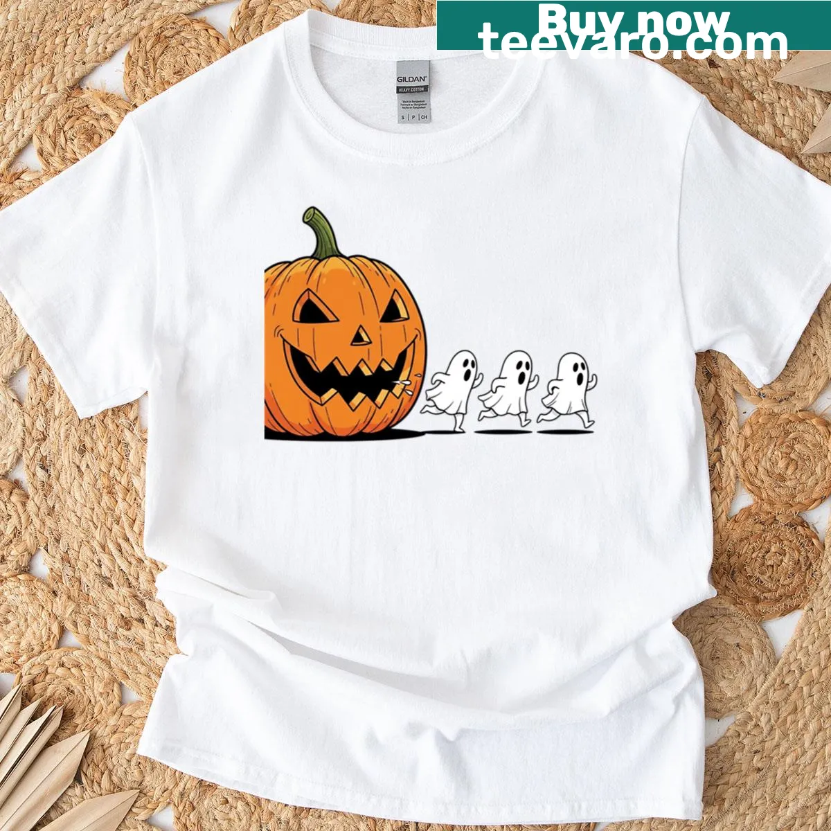 Cute pumpkin eating ghost graphic T-shirt for Halloween — on a men's t-shirt