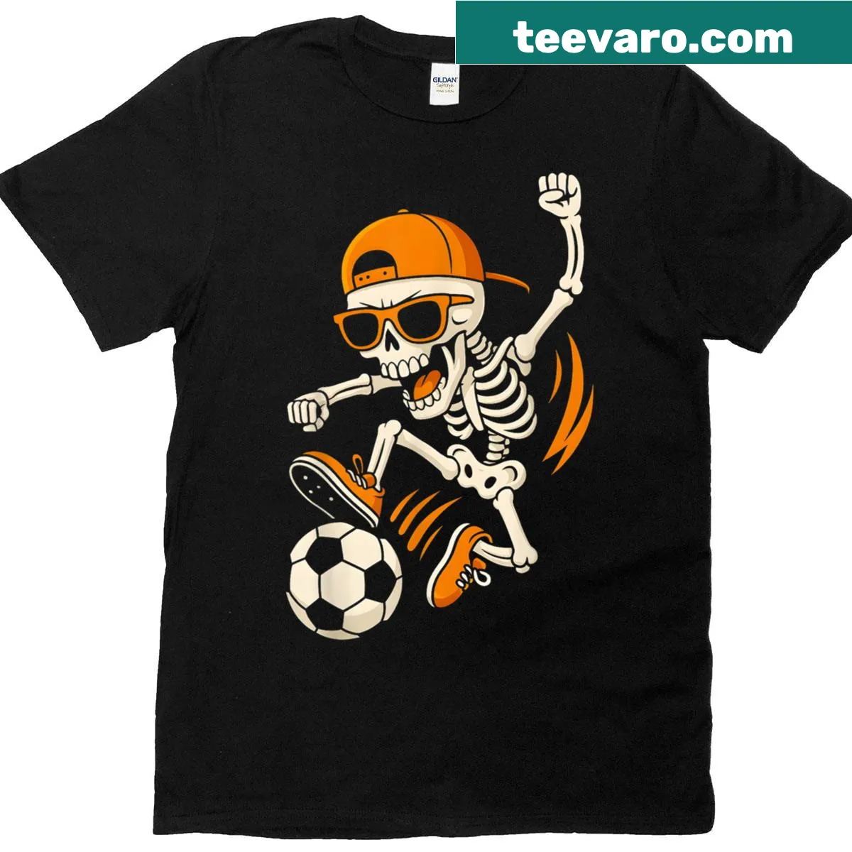 Funny skeleton soccer Halloween t-shirt for boys and men — on a men's t-shirt