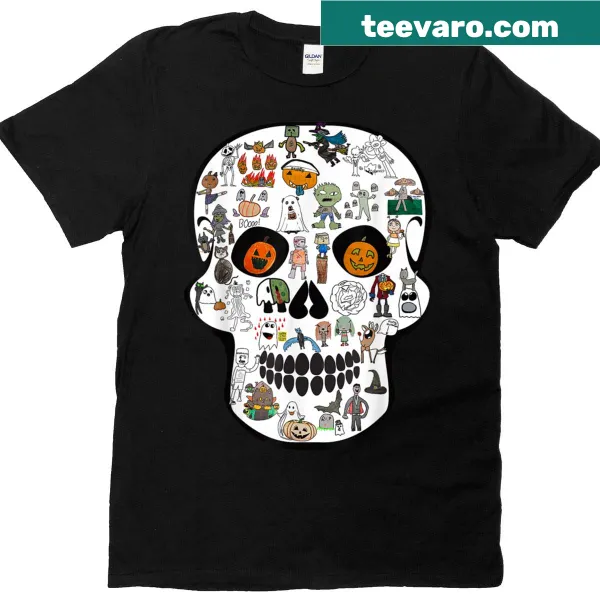 Illustrated Halloween T-shirt featuring a detailed skull design