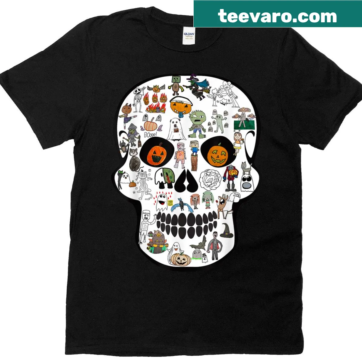 Illustrated Halloween T-shirt featuring a detailed skull design — on a men's t-shirt