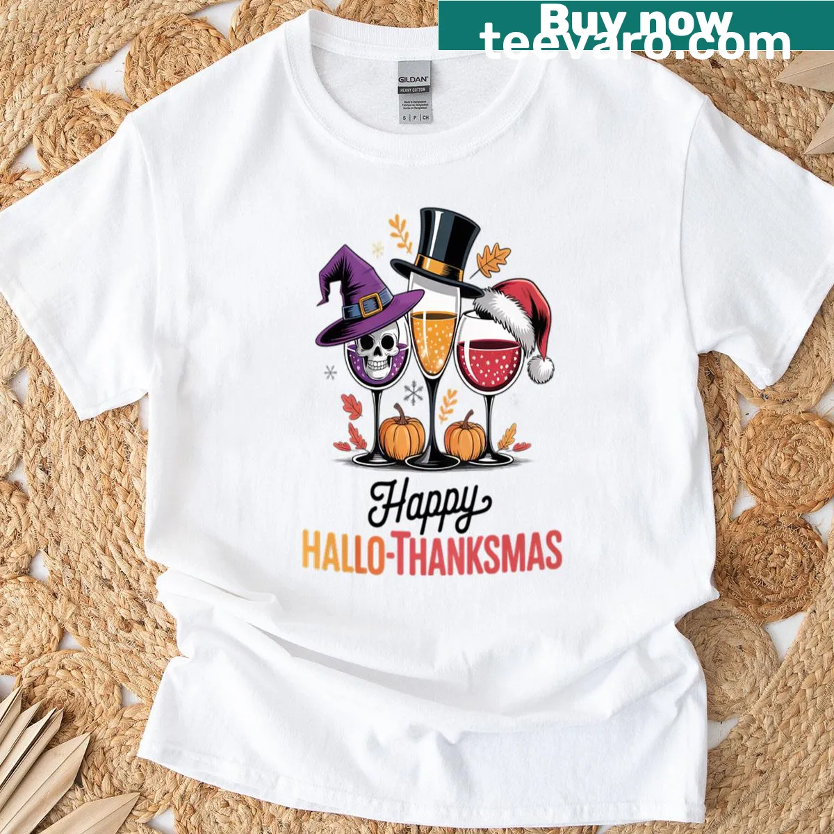 Funny shirt with the phrase Happy Hallothanksmas for multiple holidays — on a men's t-shirt