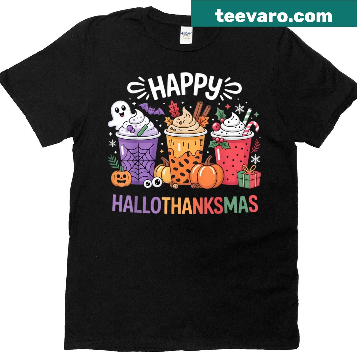 Festive t-shirt featuring a blend of Halloween, Thanksgiving, and Christmas designs — on a men's t-shirt