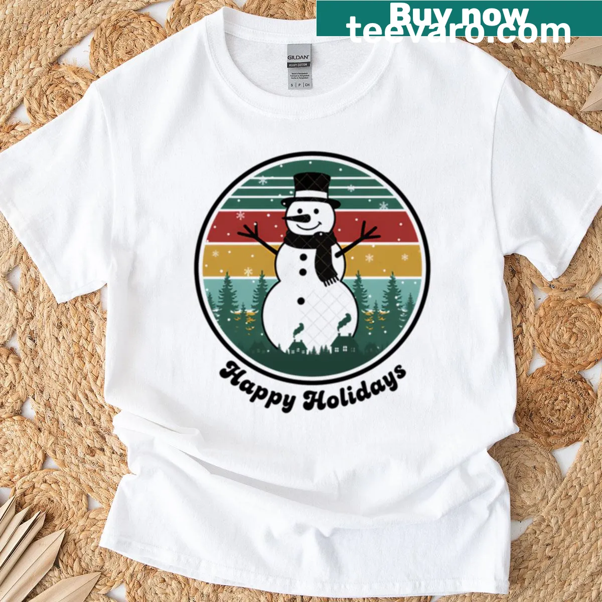 Vintage-style snowman graphic t-shirt for holiday celebrations — on a men's t-shirt