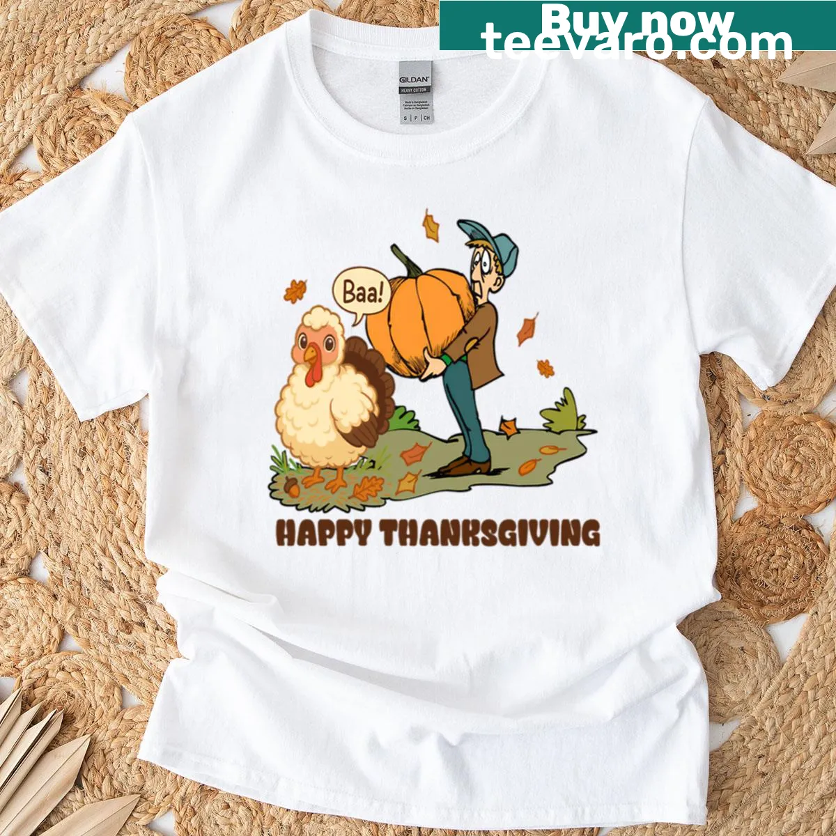 Funny Thanksgiving turkey in sheep costume graphic t-shirt — on a men's t-shirt
