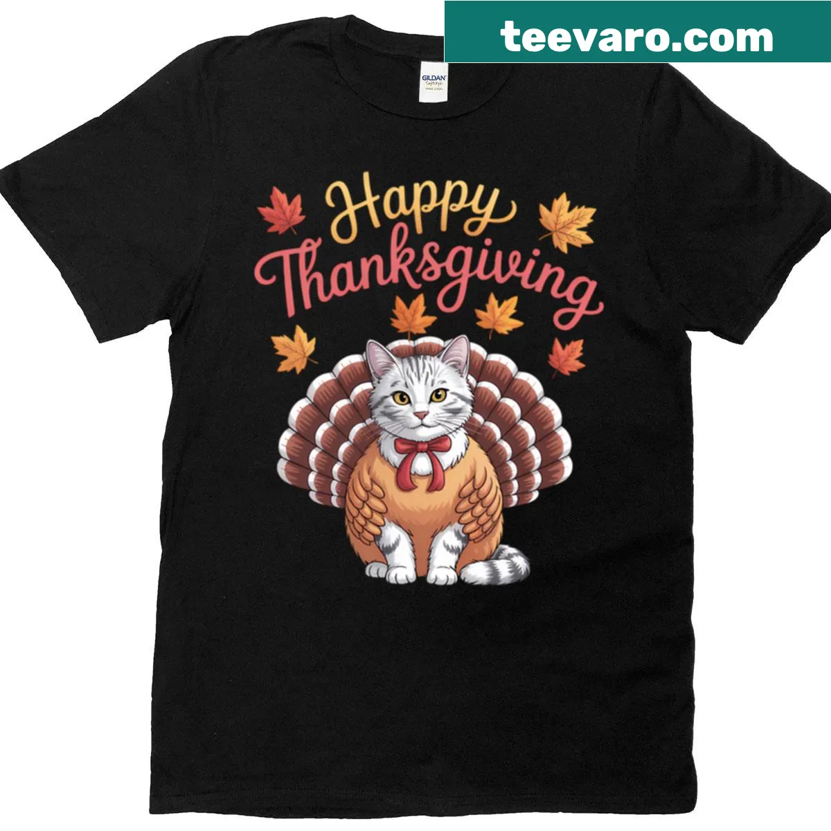 Thanksgiving-themed t-shirt featuring a playful cat and turkey design — on a men's t-shirt