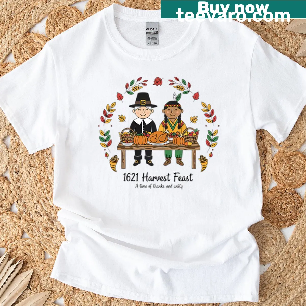 Festive Thanksgiving T-shirt with a cheerful greeting. — on a men's t-shirt