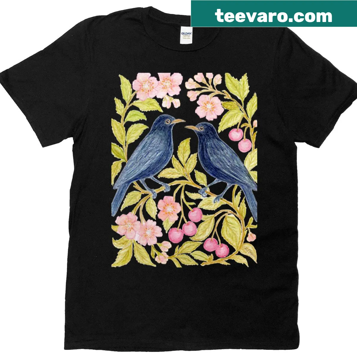 Illustrative design of birds inspired by William Morris on a T-shirt — on a men's t-shirt