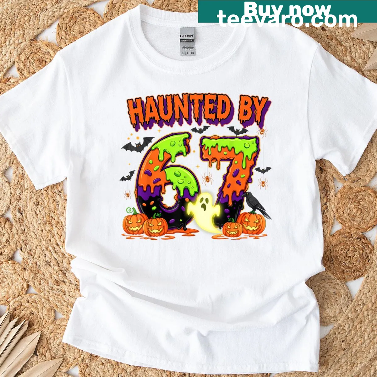 Funny Halloween T-shirt with spooky ghost design and '67' text — on a men's t-shirt