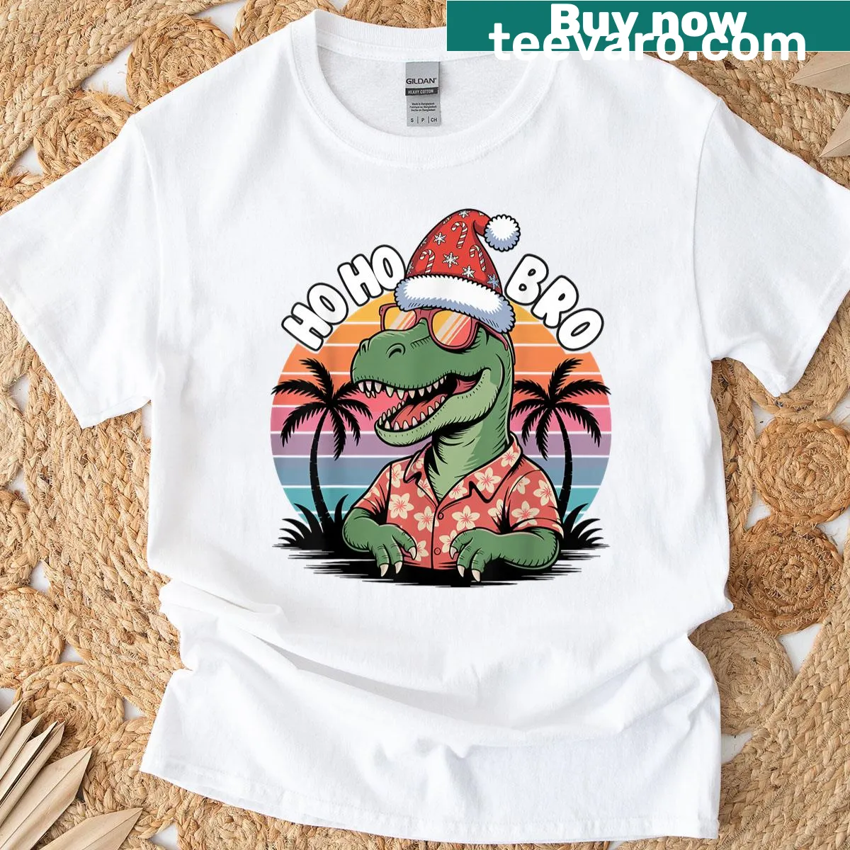 Cartoon dinosaur in a Santa hat on a Christmas T-shirt — on a men's t-shirt