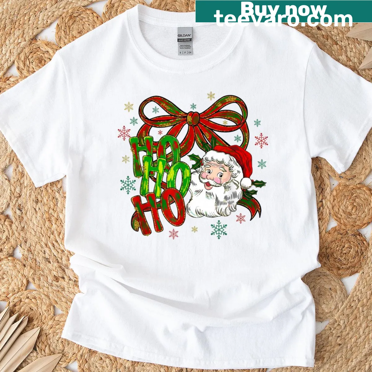 Vintage Santa graphic with a bow on a Christmas T-shirt — on a men's t-shirt
