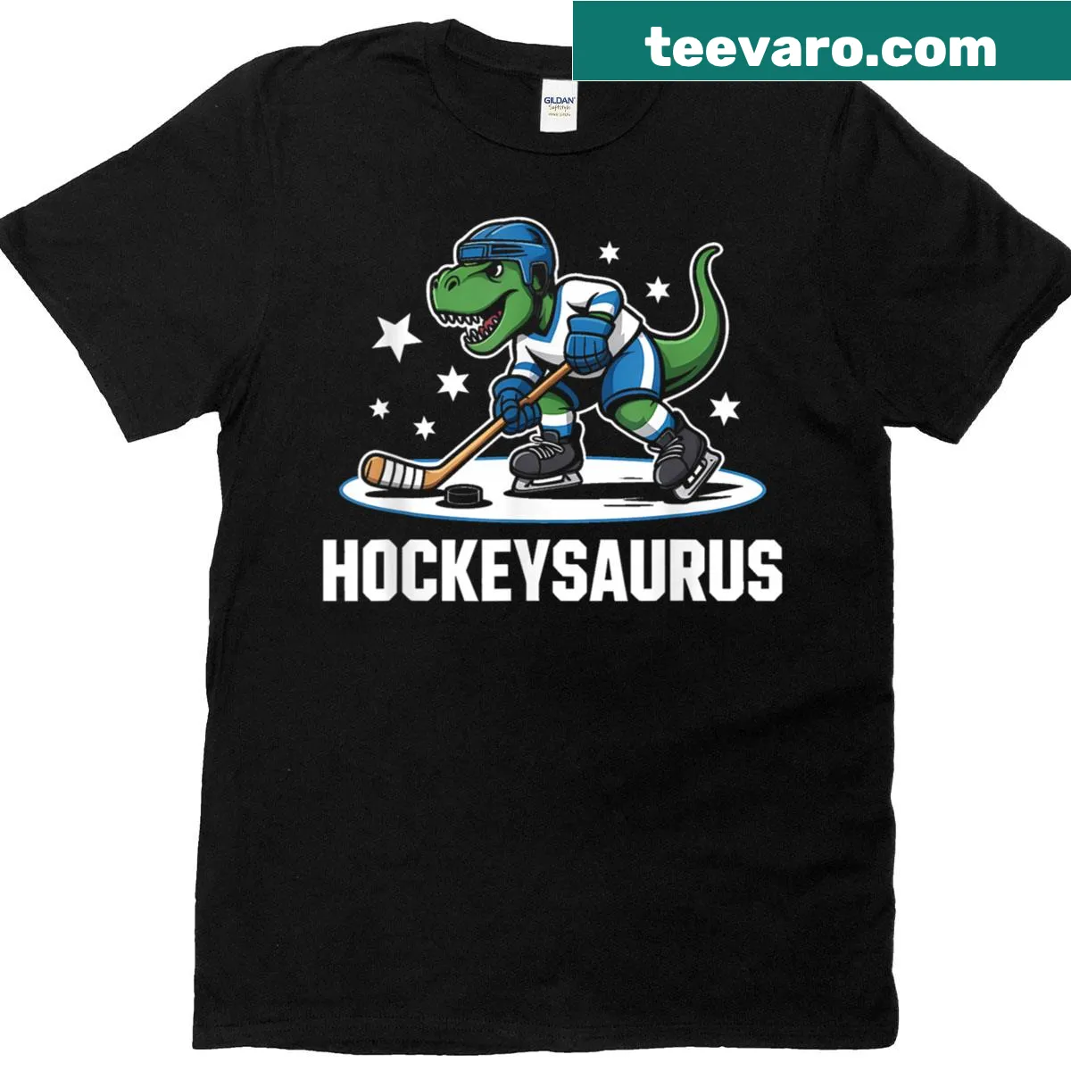 Cartoon T-rex in hockey gear on a playful t-shirt. — on a men's t-shirt