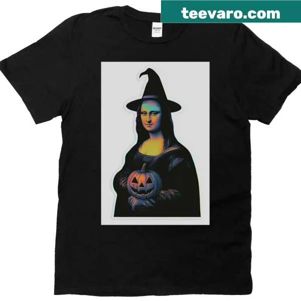 Halloween t-shirt featuring a holographic witch version of Mona Lisa