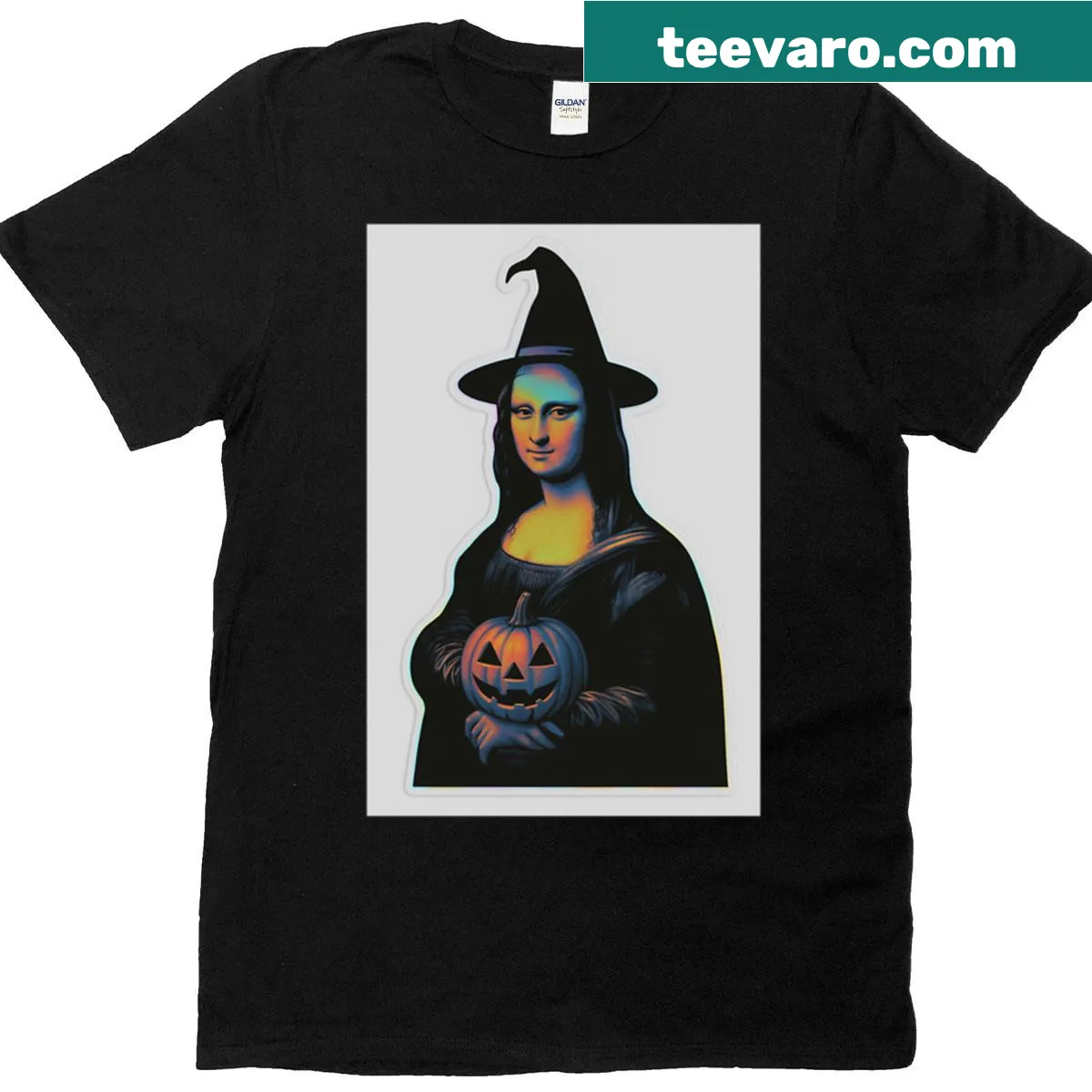 Halloween t-shirt featuring a holographic witch version of Mona Lisa — on a men's t-shirt