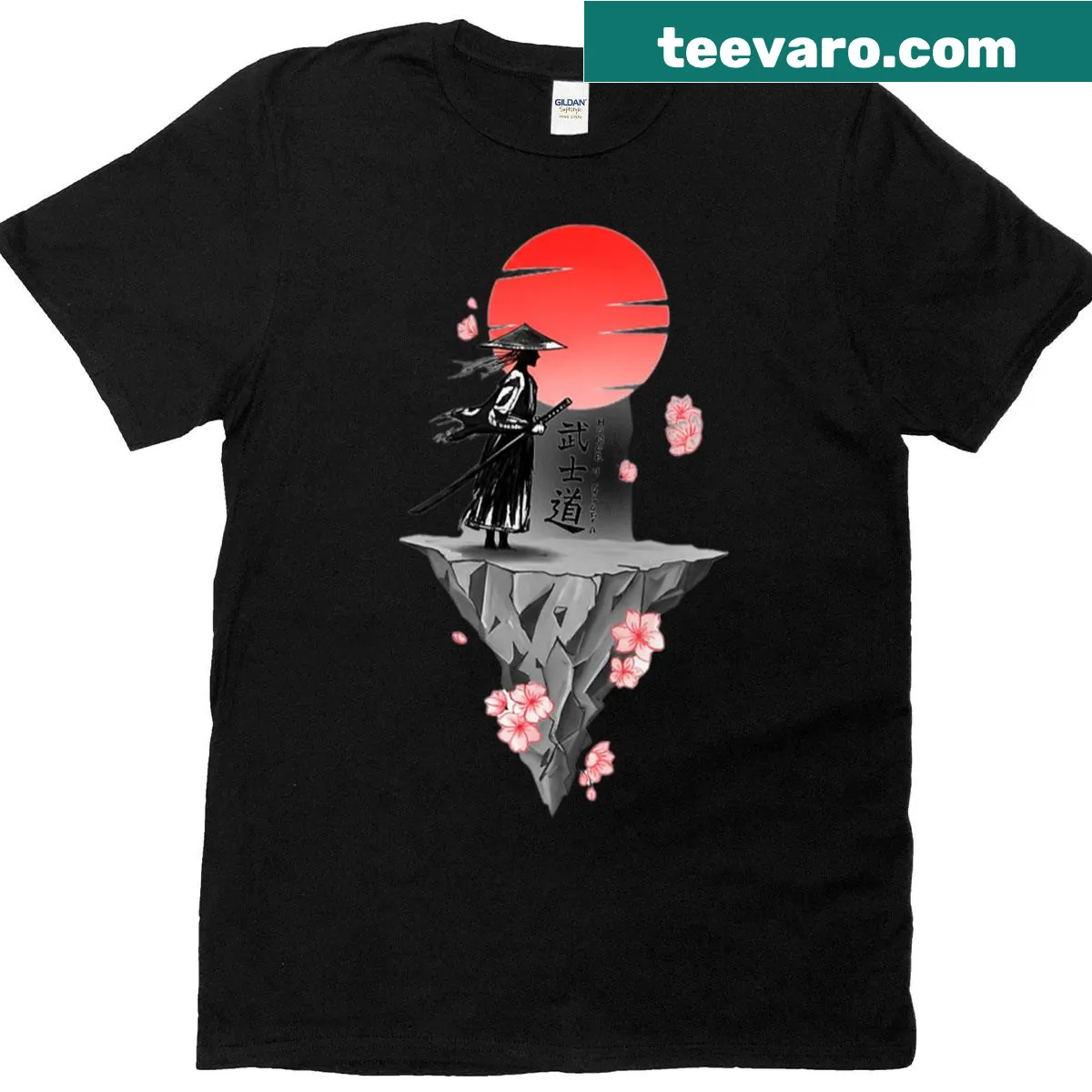 Samurai-themed t-shirt with graphic representing honor and glory — on a men's t-shirt