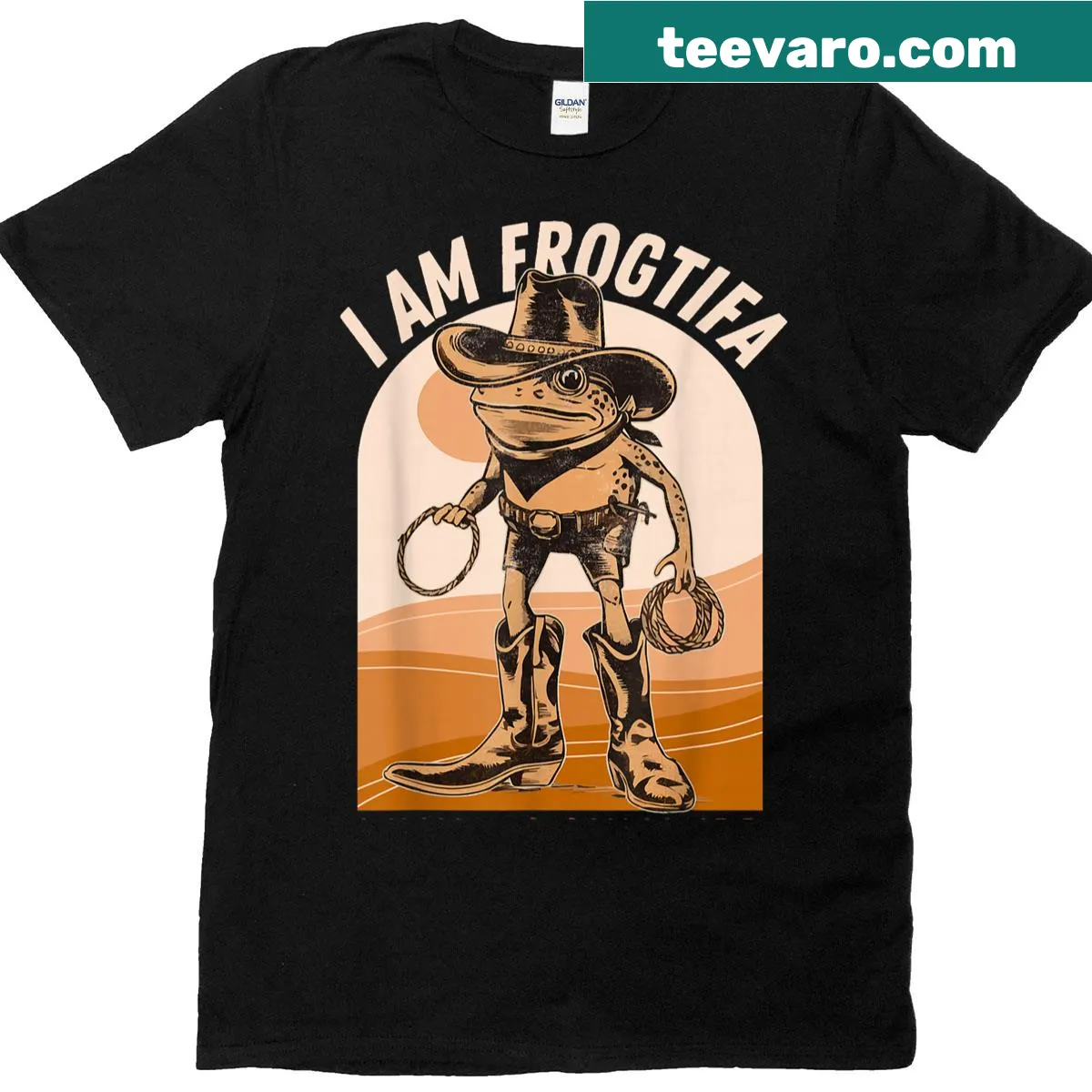 Cartoon frog cowboy graphic on a T-shirt — on a men's t-shirt