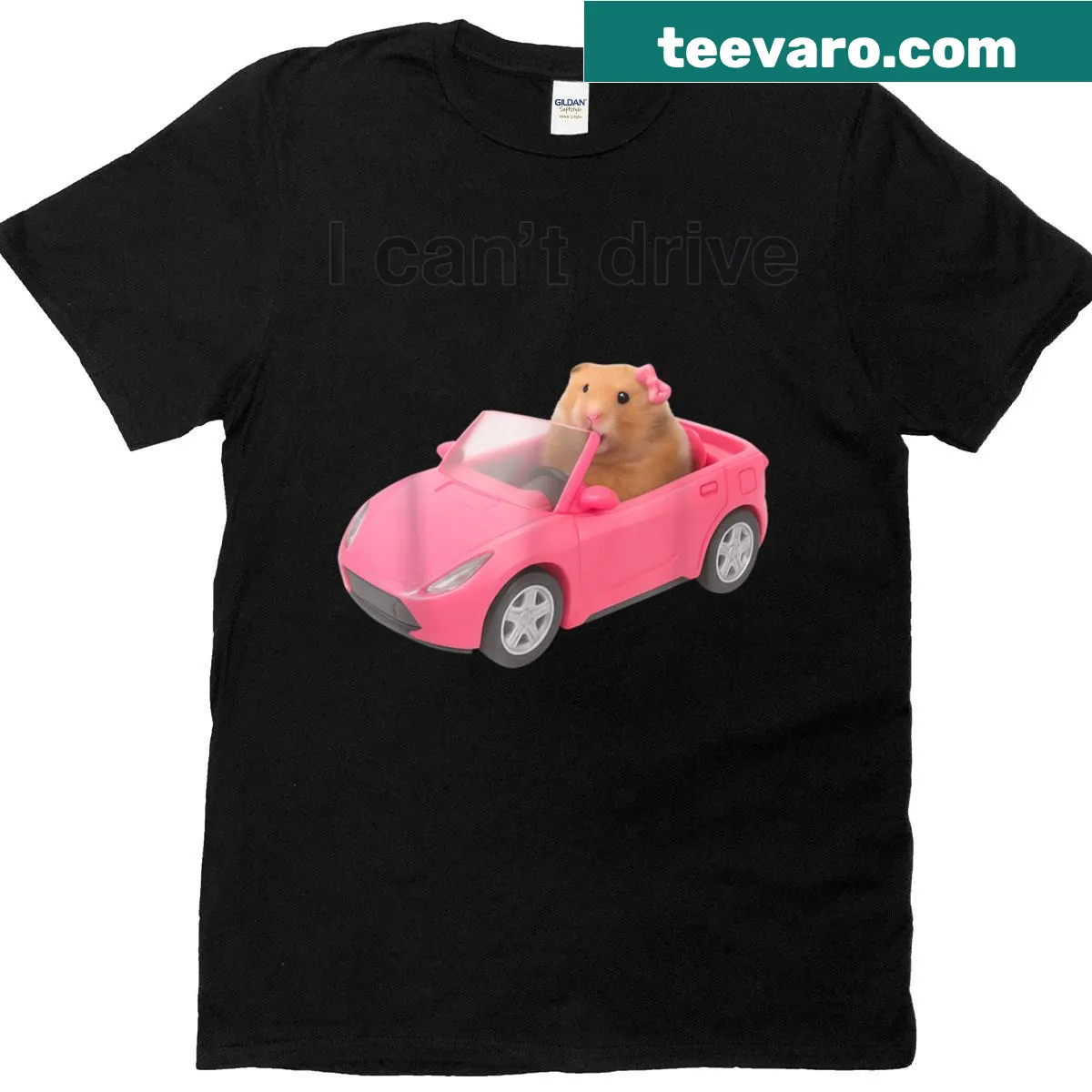 Funny hamster driving meme tee with playful text — on a men's t-shirt