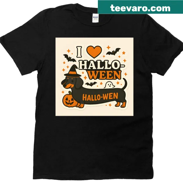 Cute Halloween-themed t-shirt with a dachshund and festive elements