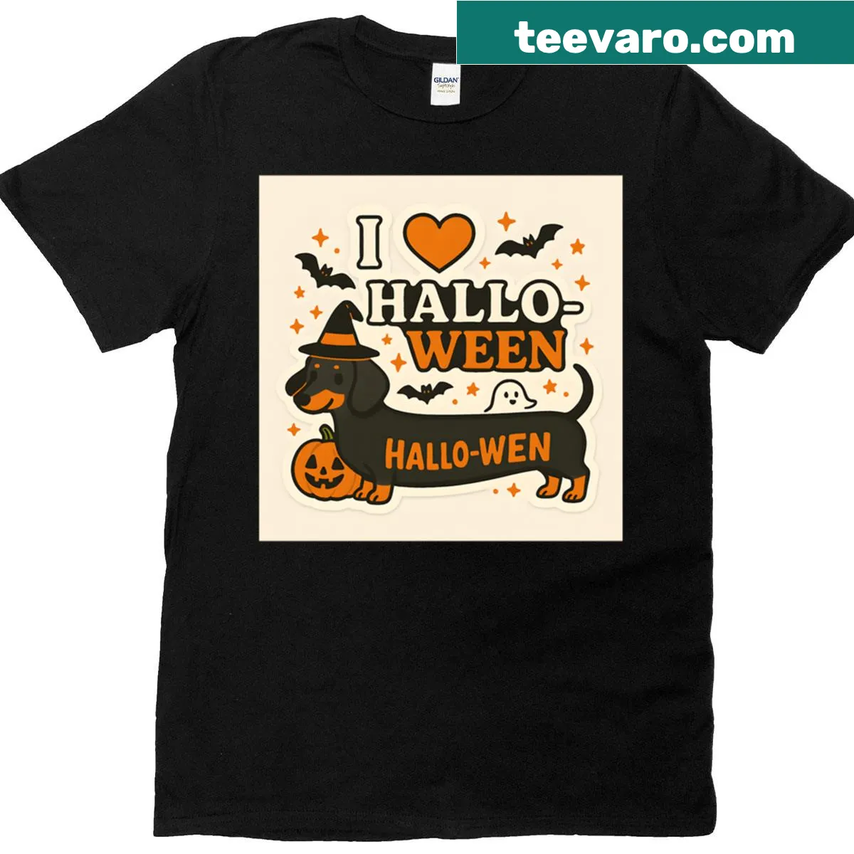 Cute Halloween-themed t-shirt with a dachshund and festive elements — on a men's t-shirt
