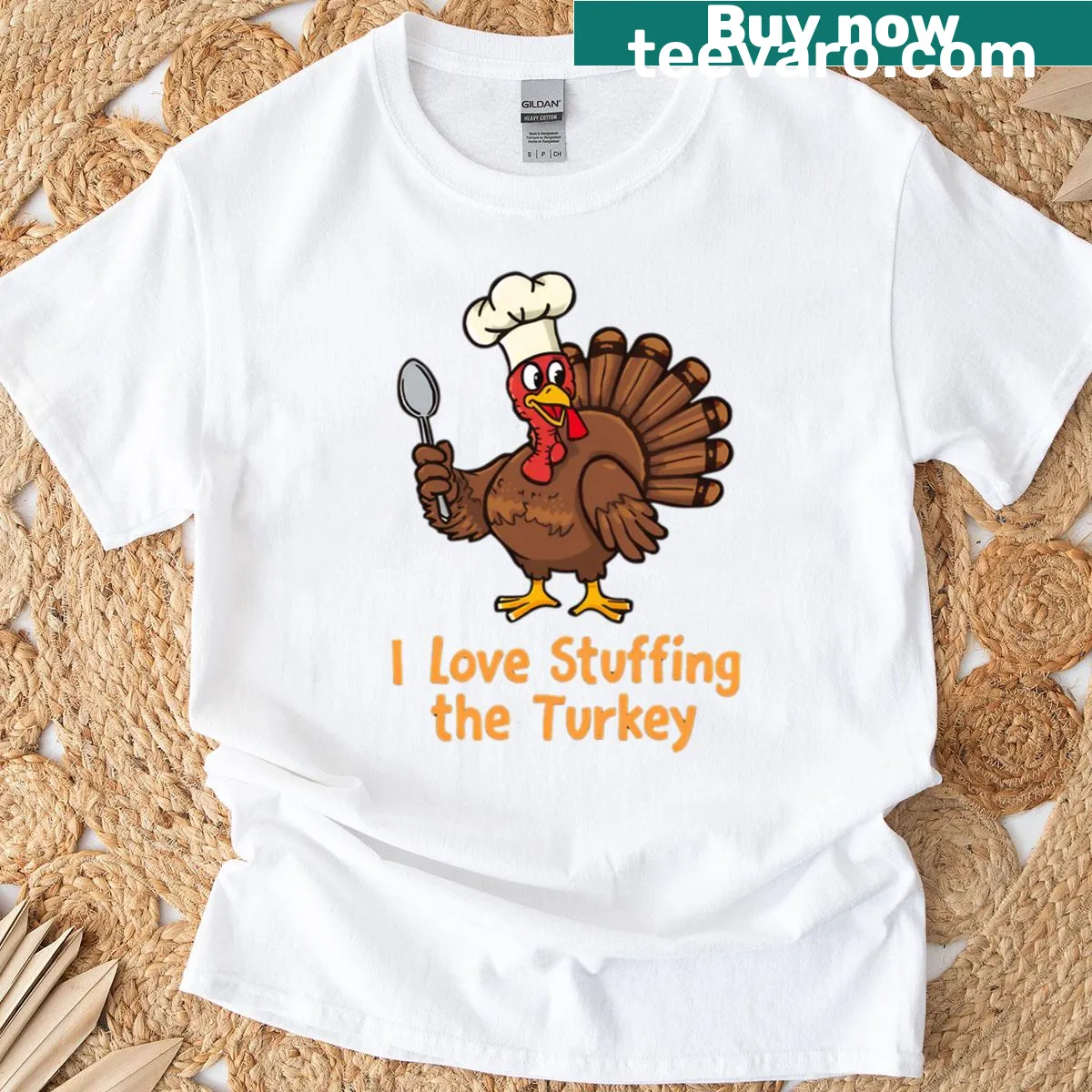 Thanksgiving-themed t-shirt with a graphic celebrating turkey stuffing. — on a men's t-shirt
