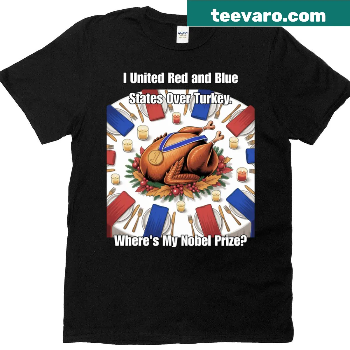 Funny Thanksgiving tee with political humor about red and blue states — on a men's t-shirt