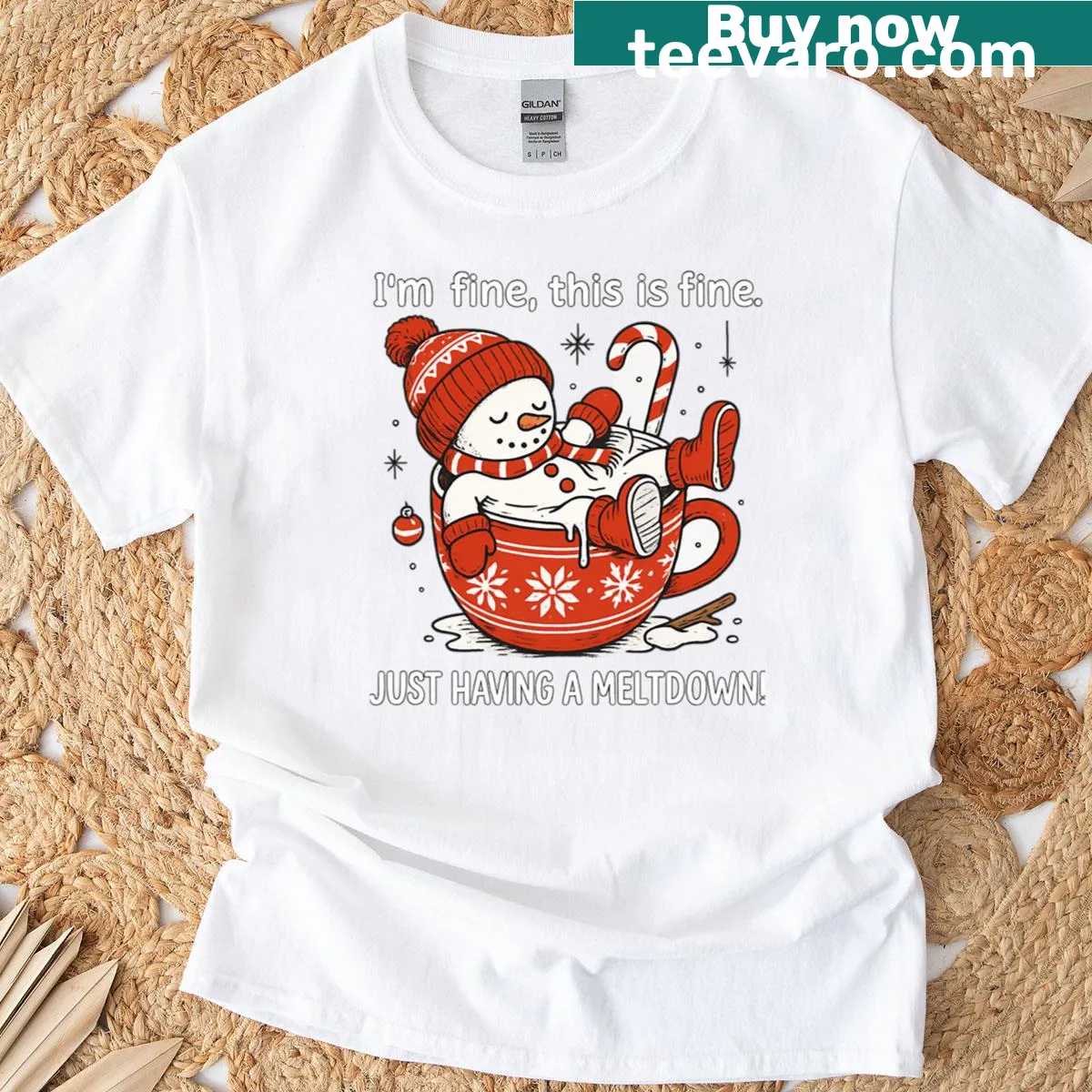 T-shirt featuring the phrase 'I'm fine, this is fine, just having a meltdown' — on a men's t-shirt