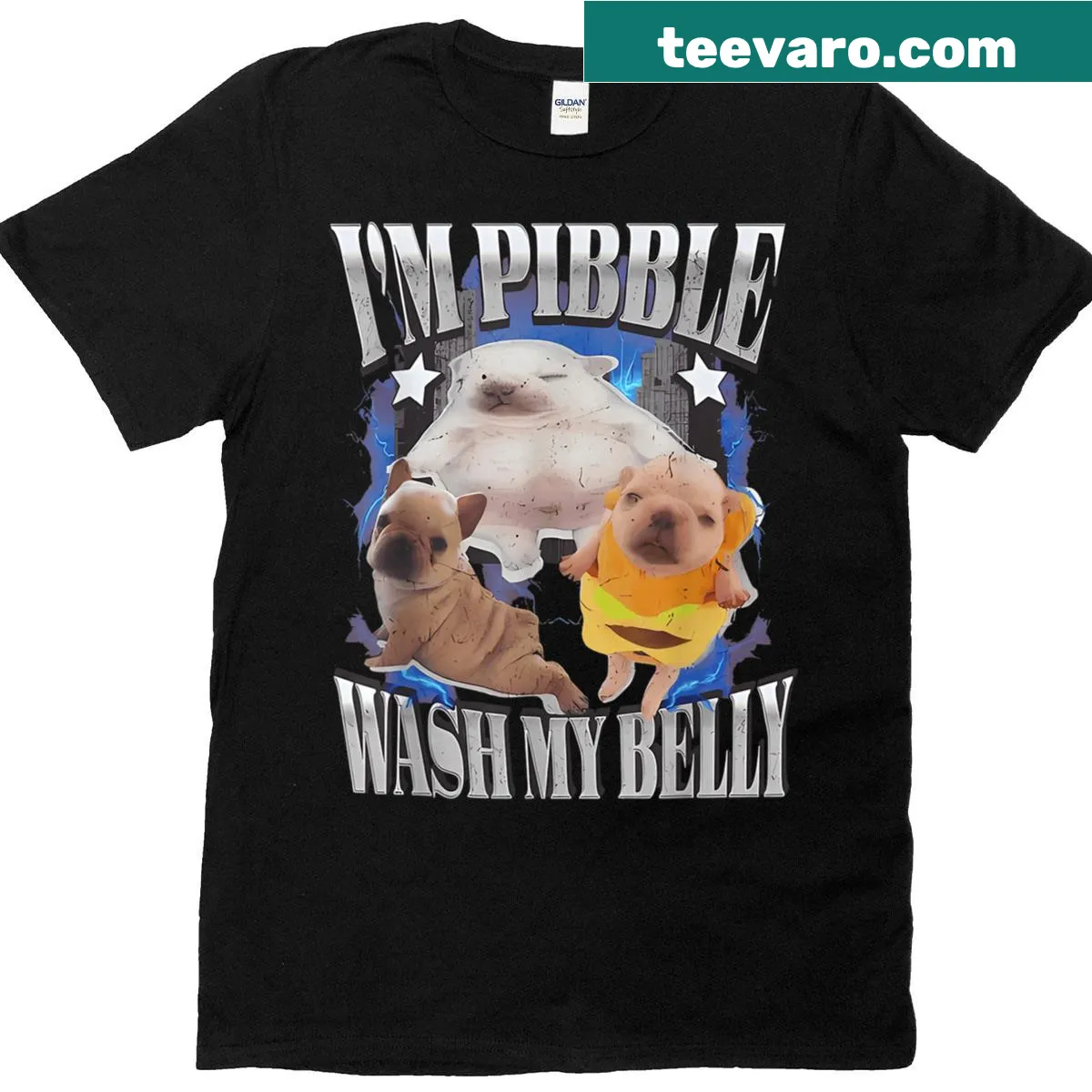 T-shirt with 'I'm Pibble, Wash My Belly Baby' featuring a French Bulldog — on a men's t-shirt