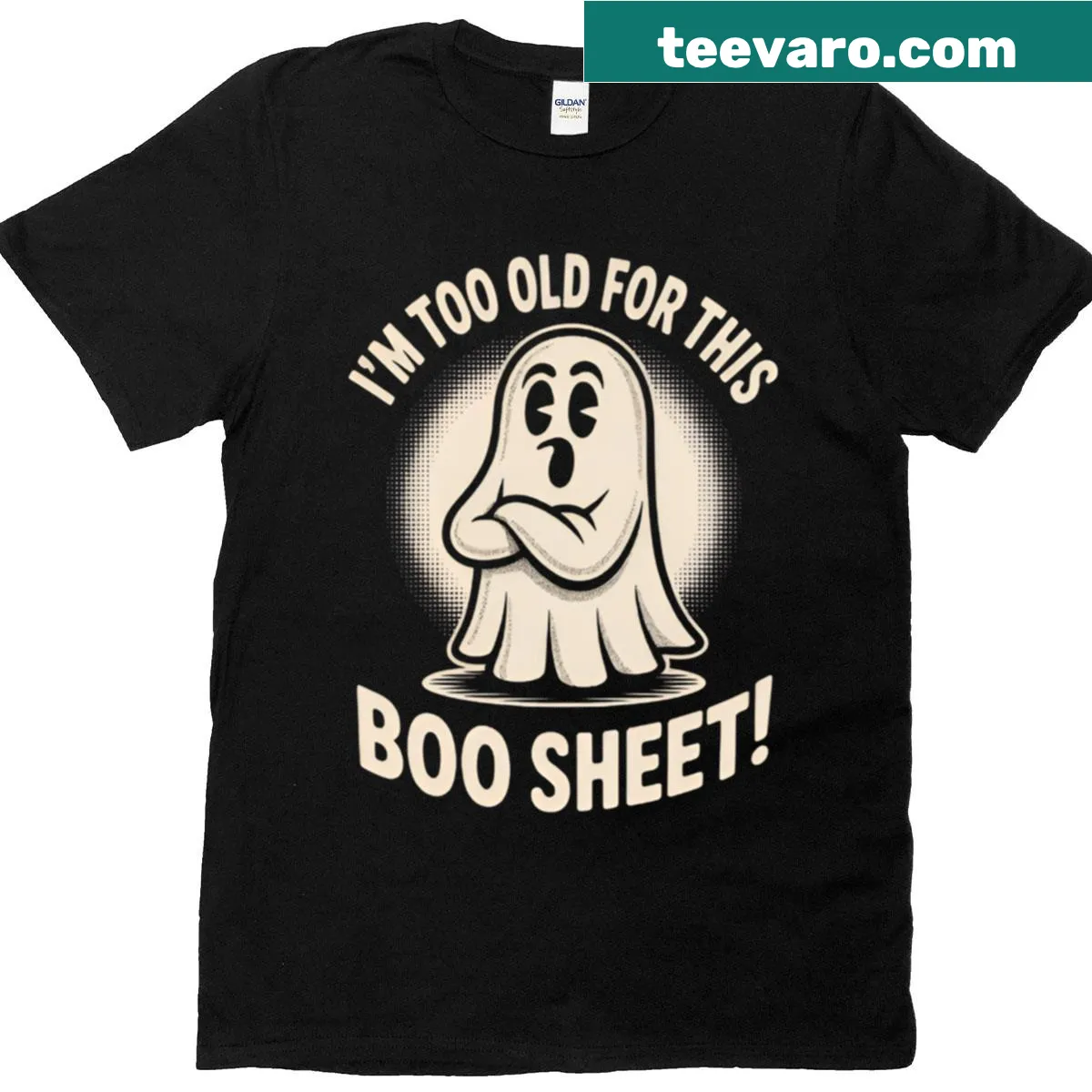 Funny Halloween t-shirt with ghost graphics and 'I'm Too Old For This Boo Sheet' text — on a men's t-shirt