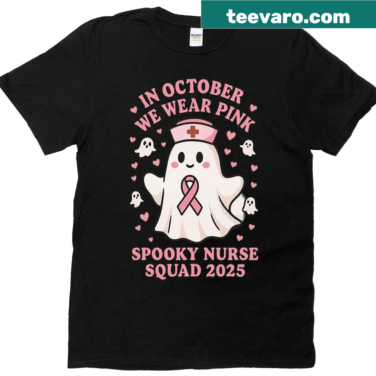 Spooky nurse t-shirt with pink design for October awareness — on a men's t-shirt