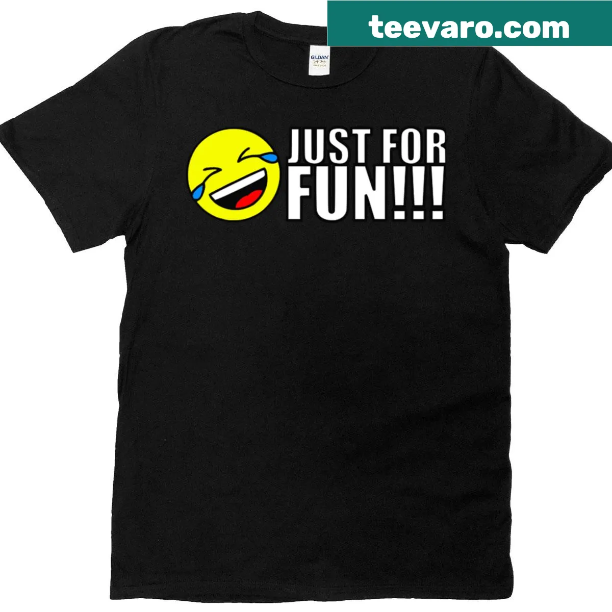 Cheerful T-shirt featuring a laughing emoji with a playful design — on a men's t-shirt