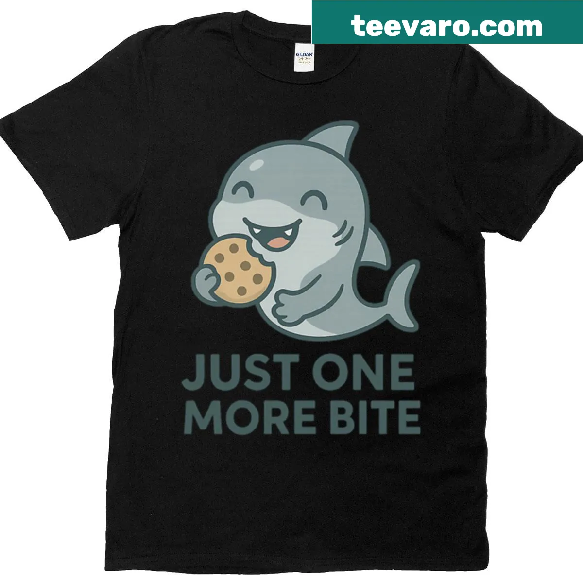 Cute t-shirt with a kawaii shark eating a cookie — on a men's t-shirt