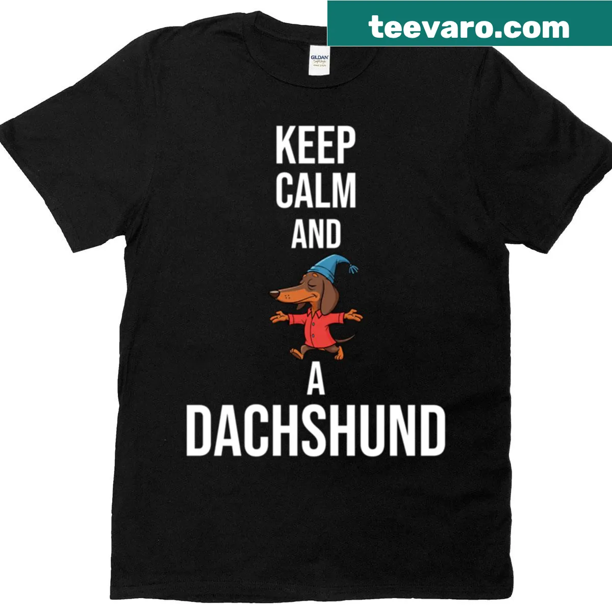 Funny text design with a dachshund illustration encouraging hugs — on a men's t-shirt