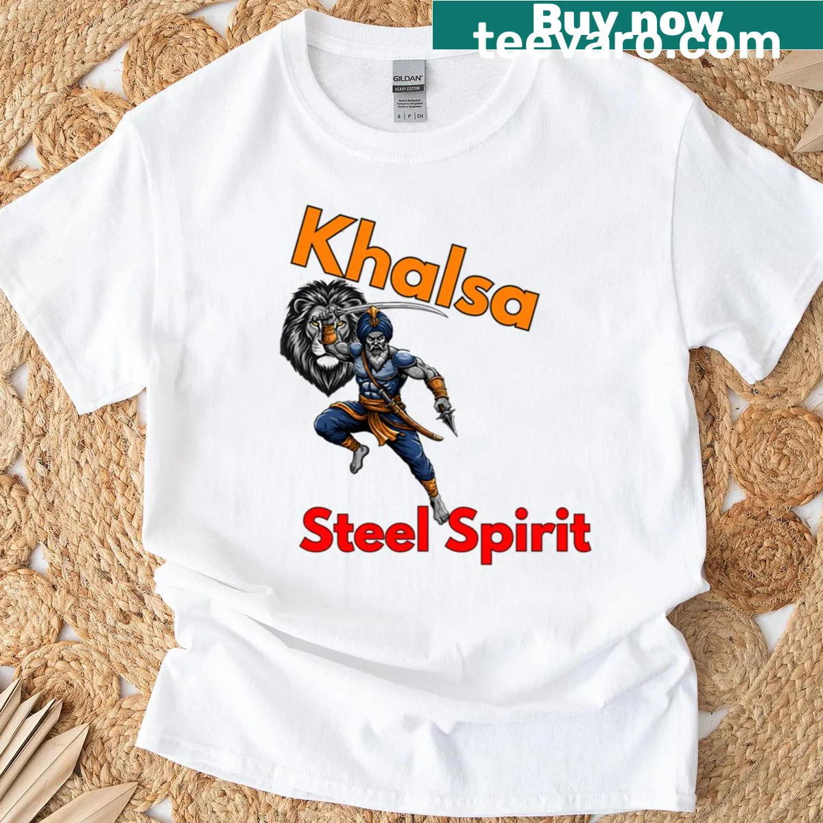 Illustrative t-shirt featuring a brave lion and Sikh warrior symbolism — on a men's t-shirt