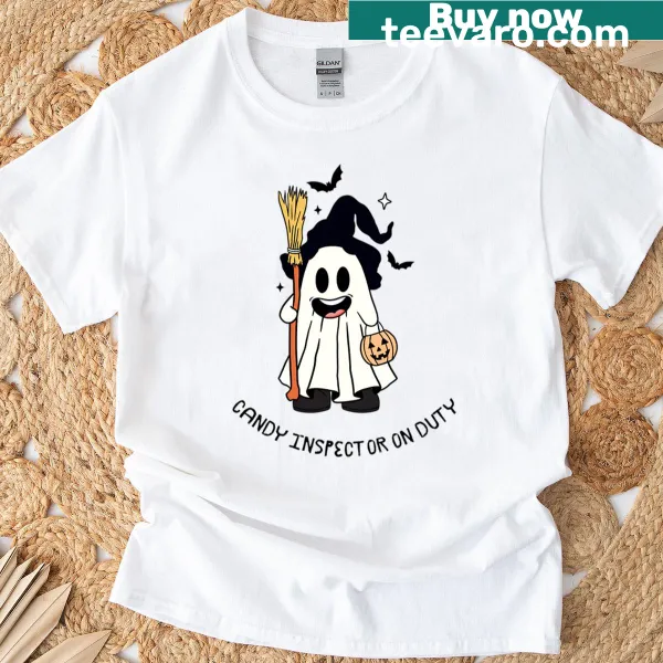 Cute ghost inspecting candy graphic on kids Halloween t-shirt