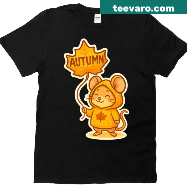 Cute cartoon t-shirt featuring a mouse among autumn leaves