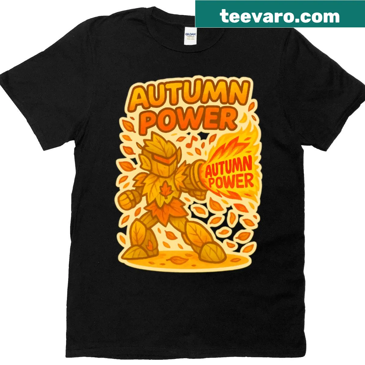 Cartoon robot among autumn leaves on T-shirt design — on a men's t-shirt
