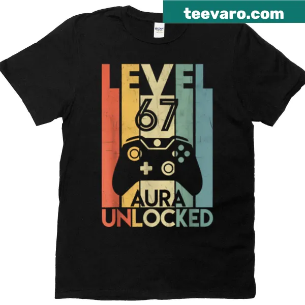 Funny gaming graphic 'Level 67 Unlocked' on a t-shirt
