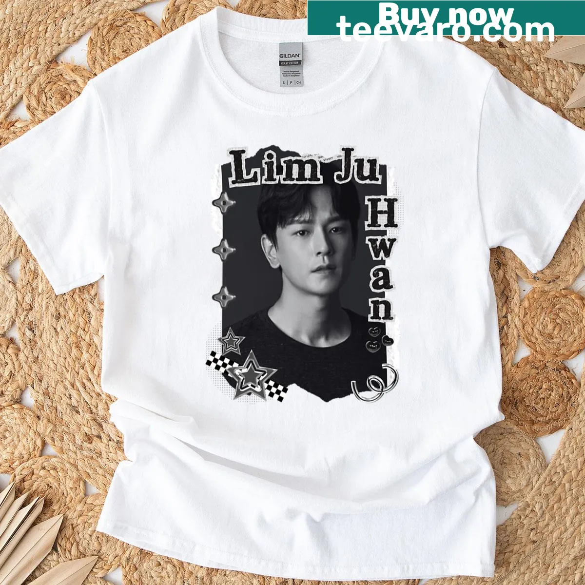 Black and white collage portrait of Lim Ju-hwan on a t-shirt — on a men's t-shirt