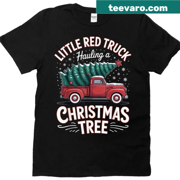 Festive T-shirt with a red truck hauling a Christmas tree