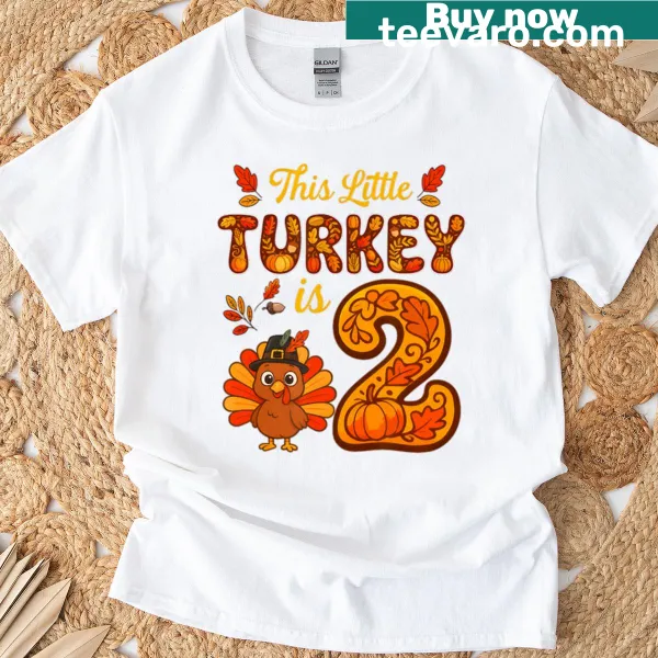 Cute turkey illustration celebrating second Thanksgiving on kids t-shirt