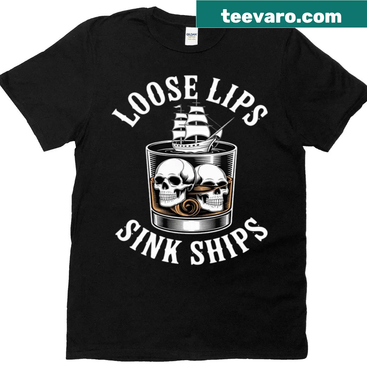 Sarcastic T-shirt with the phrase 'Loose Lips Sink Ships' in bold text — on a men's t-shirt