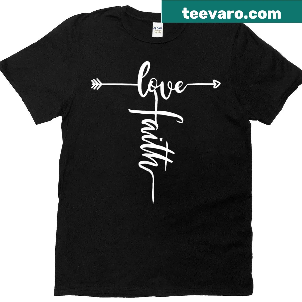 Cross illustration with 'Love Faith' message for Christians — on a men's t-shirt