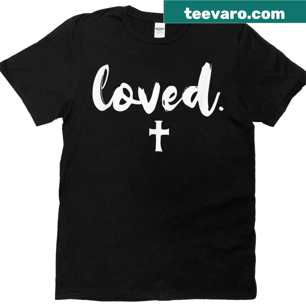 Minimal Christian cross design on a couples t-shirt — on a men's t-shirt