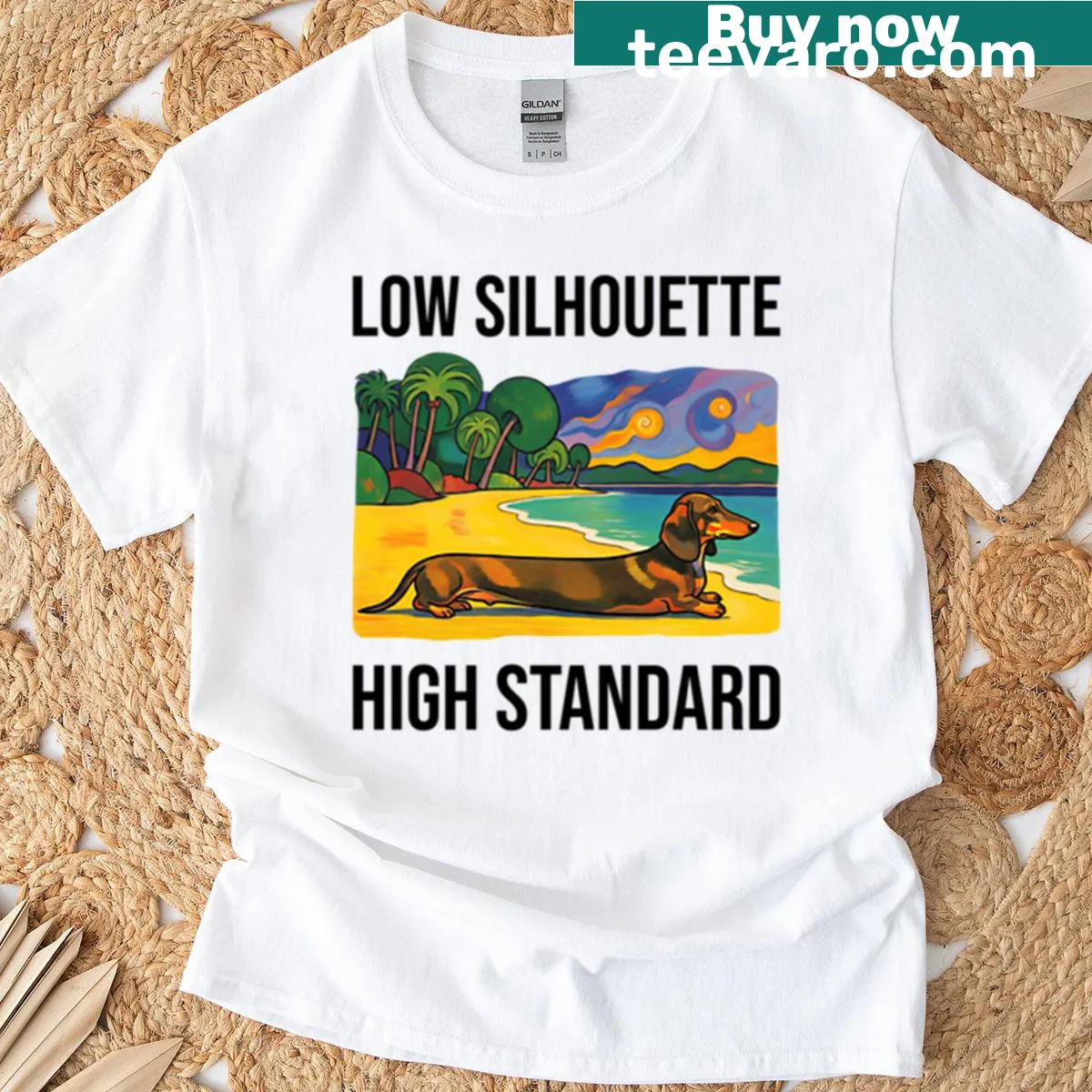 Oversized t-shirt with 'Low Silhouette High Standard' text — on a men's t-shirt