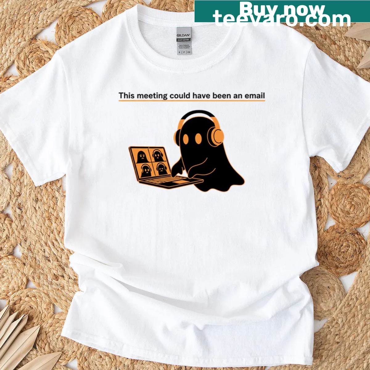 Oversized T-shirt with a ghost graphic and funny text about meetings — on a men's t-shirt