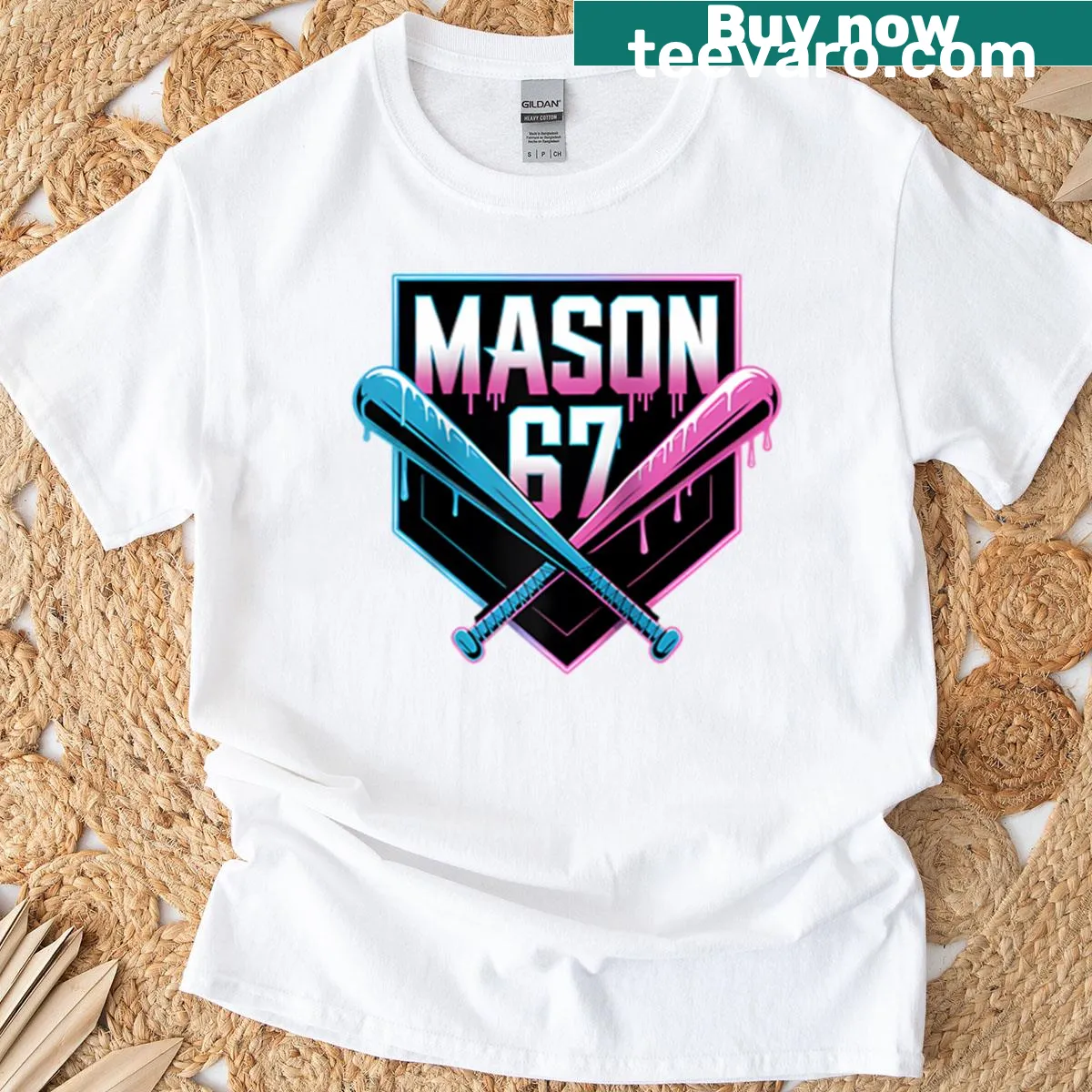 Funny ice cream drip graphic on baseball-style t-shirt — on a men's t-shirt