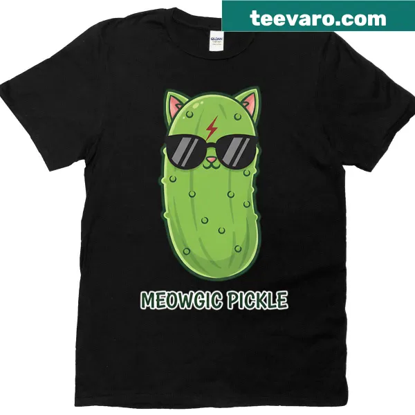 Whimsical graphic t-shirt featuring a cat and a pickle