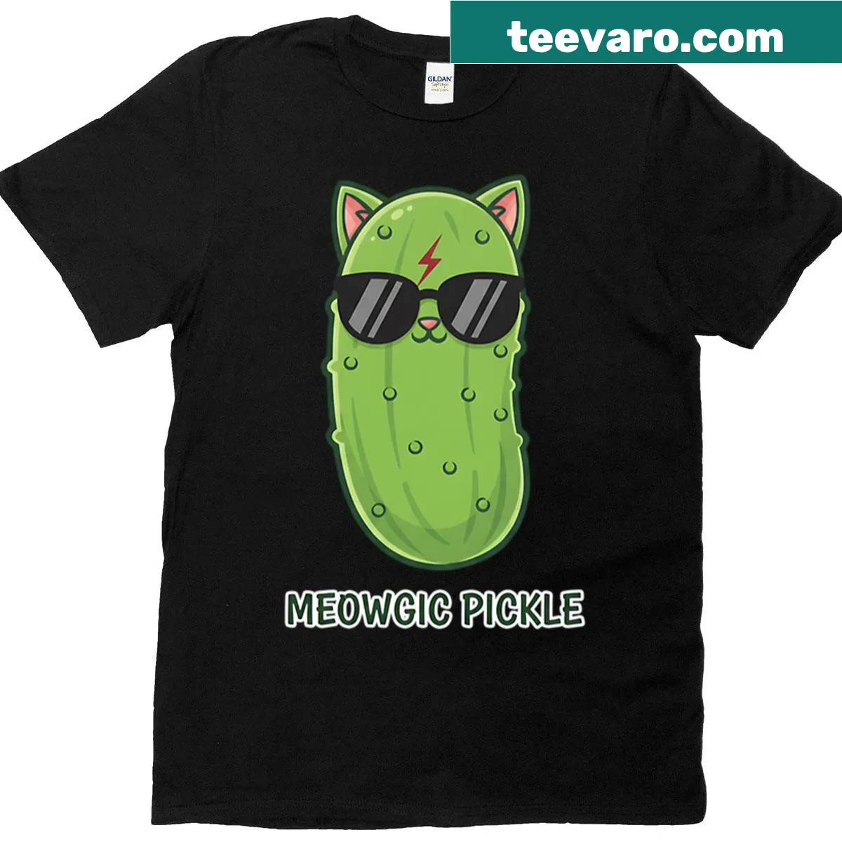 Whimsical graphic t-shirt featuring a cat and a pickle — on a men's t-shirt