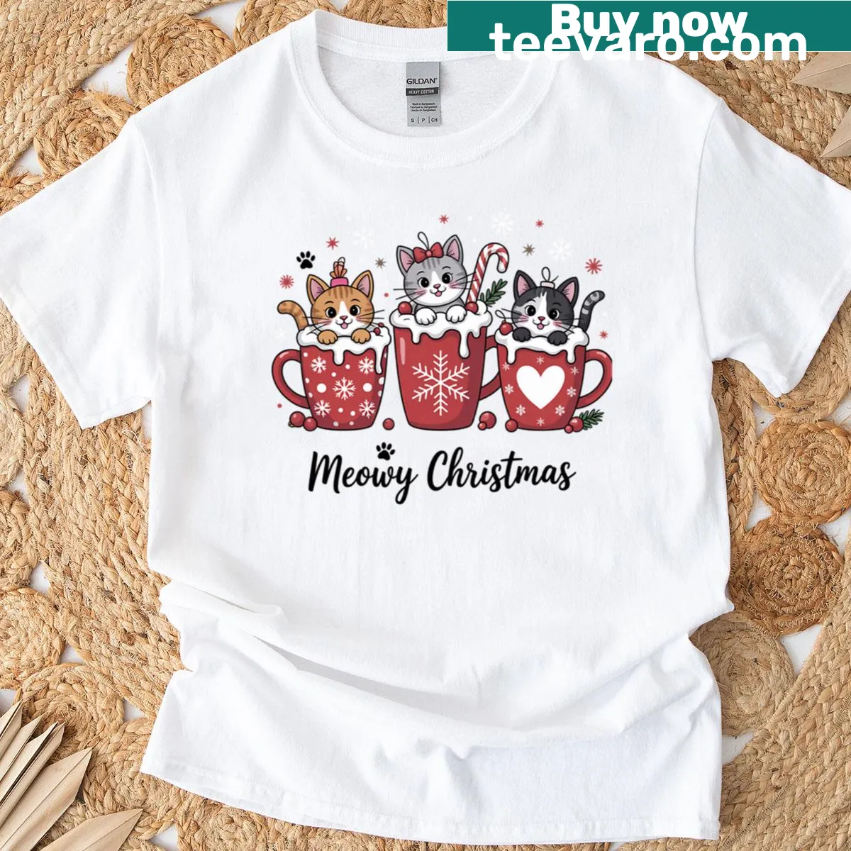 Funny Christmas cats in hot cocoa mugs graphic t-shirt — on a men's t-shirt