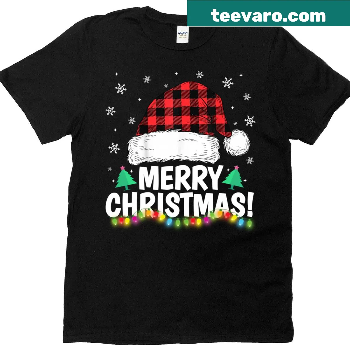 Festive t-shirt with buffalo plaid and Santa hat design — on a men's t-shirt